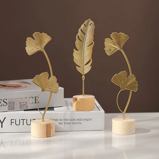 Golden Ginkgo Leaf Miniature Figurines Wooden Statue For Living Room Table Office Home Decoration Accessories Nordic Ornament