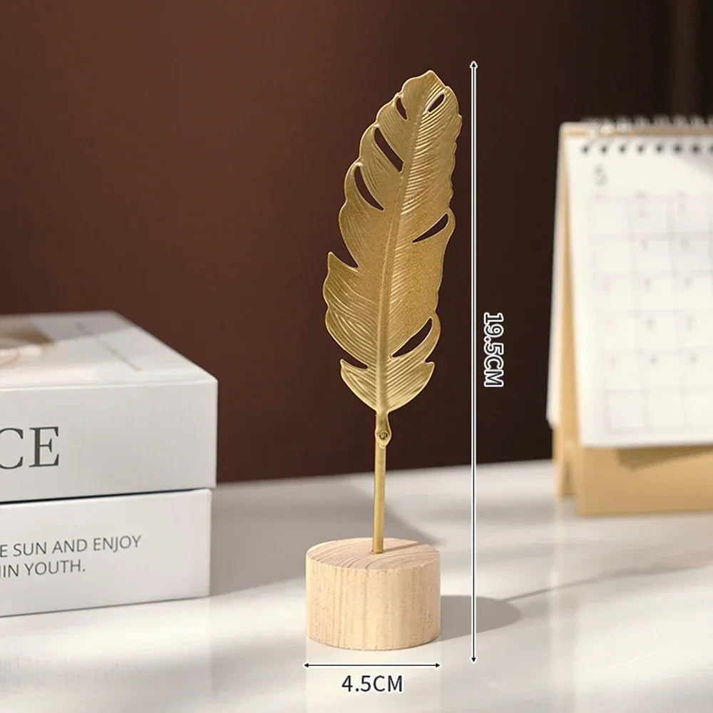 New Golden Ginkgo Leaf Feather Metal Model Figurines Manual Desktop Crafts Ornaments Photo Props Statues Sculptures Home Decor