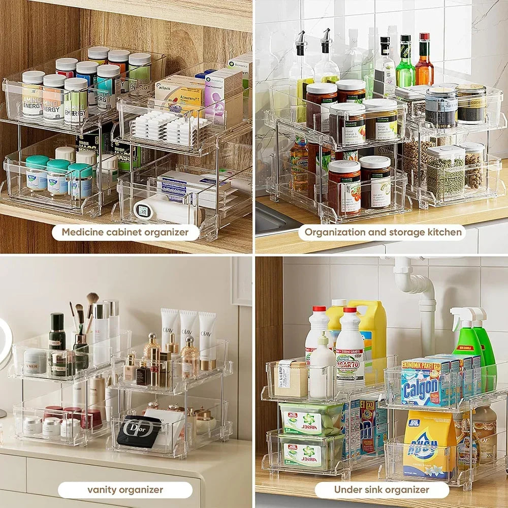 2 Tier Organizer with Dividers, Vanity Countertop Closet Organization, Refrigerator Organizers Storage, Kitchen Pantry Cabinet