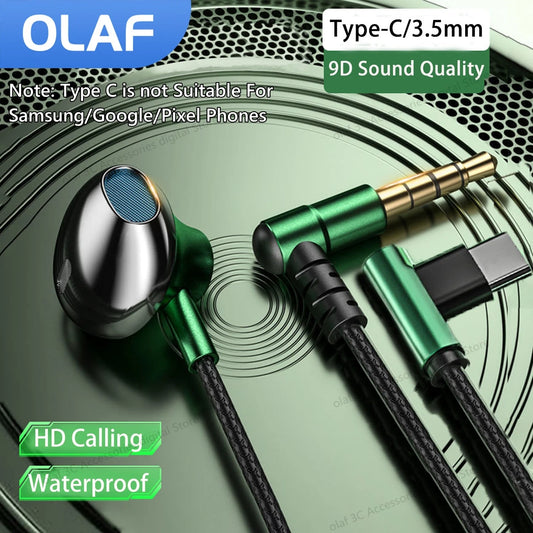 OLAF Earphones Wired Earbuds In Ear 3.5mm/Type-C 90 Degree Elbow Plug Headphones With Mic Headset Gamer Sports For Mobile Phones