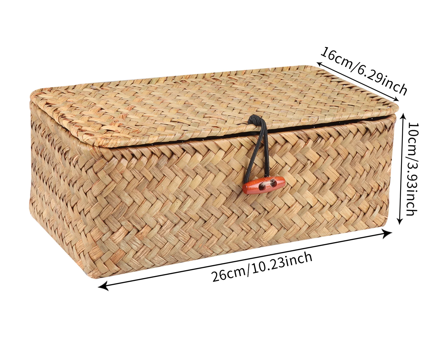 Storage Shelf Basket with Lid Rectangular Handmade Seagrass Rattan Woven Makeup Organizer Multipurpose Container Natural Box for