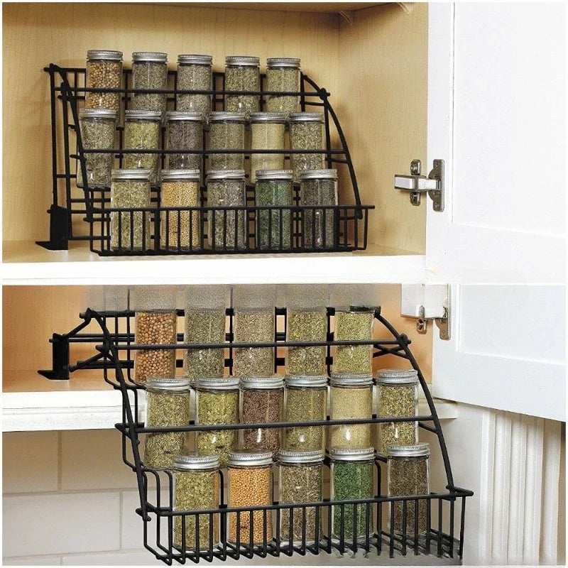 3-Tier Pull-Down Cabinet Spice Rack Metal Kitchen Organizer Shelf Space-Saving Storage Stand for Spices and Pantry Items