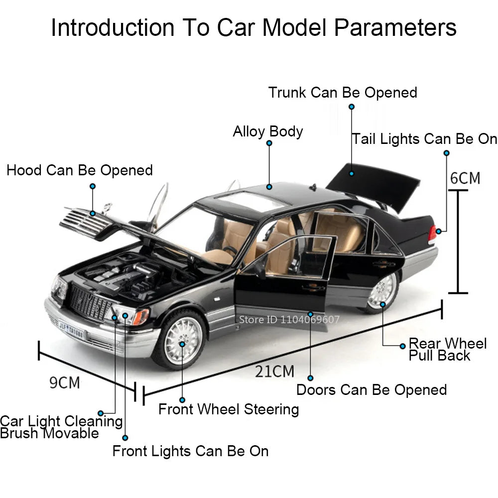 1:24 W140 320SEL Miniature Toy Car Models Alloy Diecast E300eL Vintage Cars Sound Light Pull Back Doors Opened Festival Presents