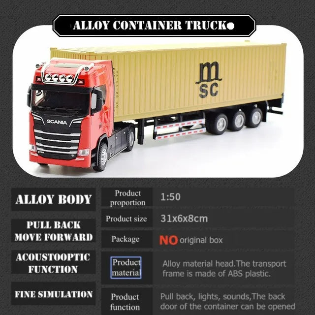 1:50 Simulation Alloy Diecast Large Truck Head Model Container Toy Pull Back Sound Light Engineering Transport Vehicle For Kids