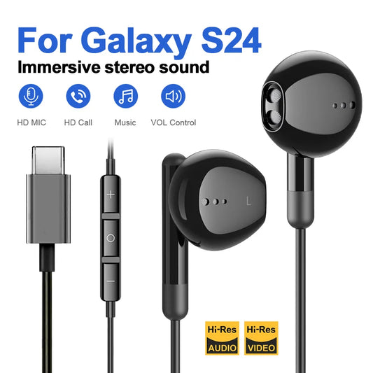 For Galaxy S24 Ultra Type C Earbud Wired Headphones With Mic DAC Chip 3.5mm Earphone S23 S22 S21 + Ultra note 20 10 Accessories