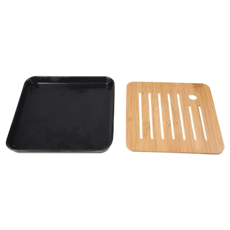 Bamboo Chinese Gongfu Tea Tray Box with Water Storage Drainage  Serving Wood Marble  Holder Table