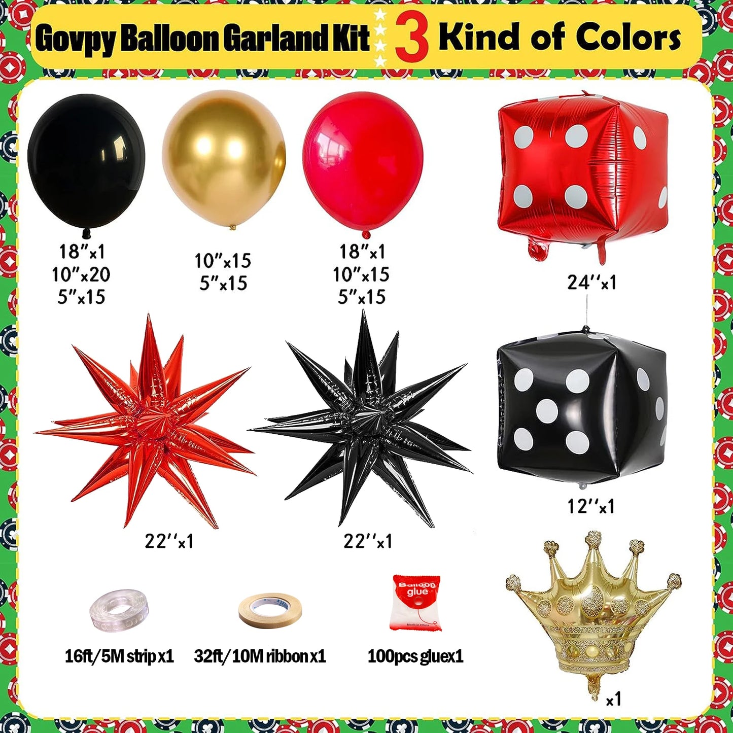 Casino Party Theme Dice Balloon Set, Crown Starburst Balloon, Suitable for Casino Decoration and Birthday Parties