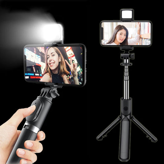 3 In 1 Selfie Stick Bluetooth Remote Tripod with Fill Light Foldable Bracket for Cell Smartphones for Tiktok Video Live Holder