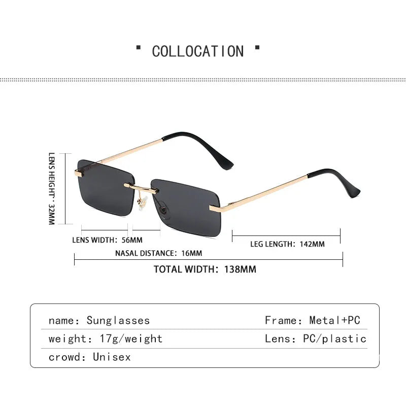 1PC Unisex Plastic Square Frame Fashio Rimless Sunglasses For Outdoor Beach Party Metal ins Trendy Sunglasses