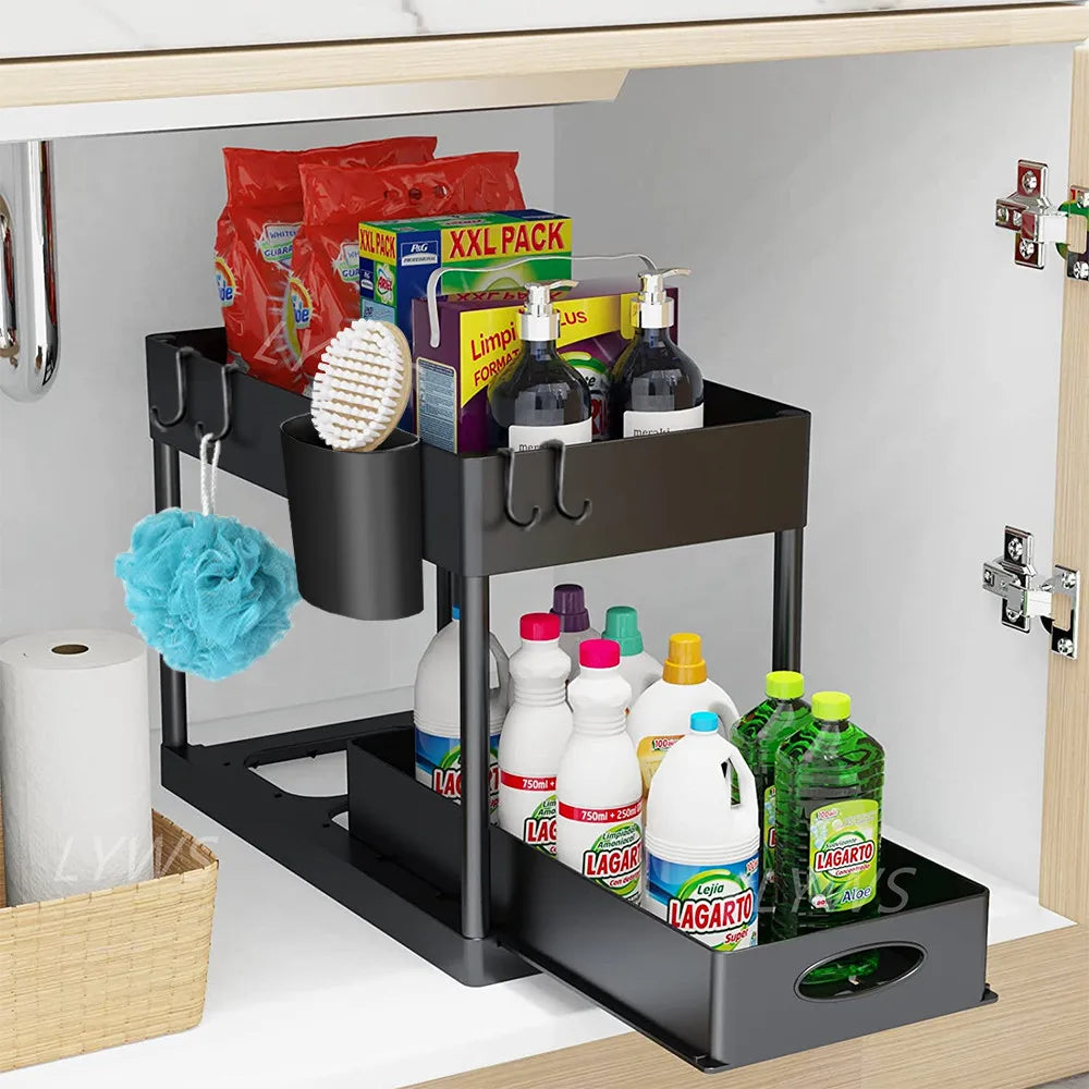 2 Tier Under Sink Organizer Sliding Cabinet Basket Organizer Storage Rack with Hooks Hanging Cup Bathroom Kitchen Organizer