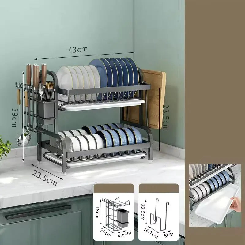 Multi-functional 1/2-Tier Dish Rack Kitchen Supplies Storage Rack Draining Rack with Chopsticks/Knives/Cutting Board Holder