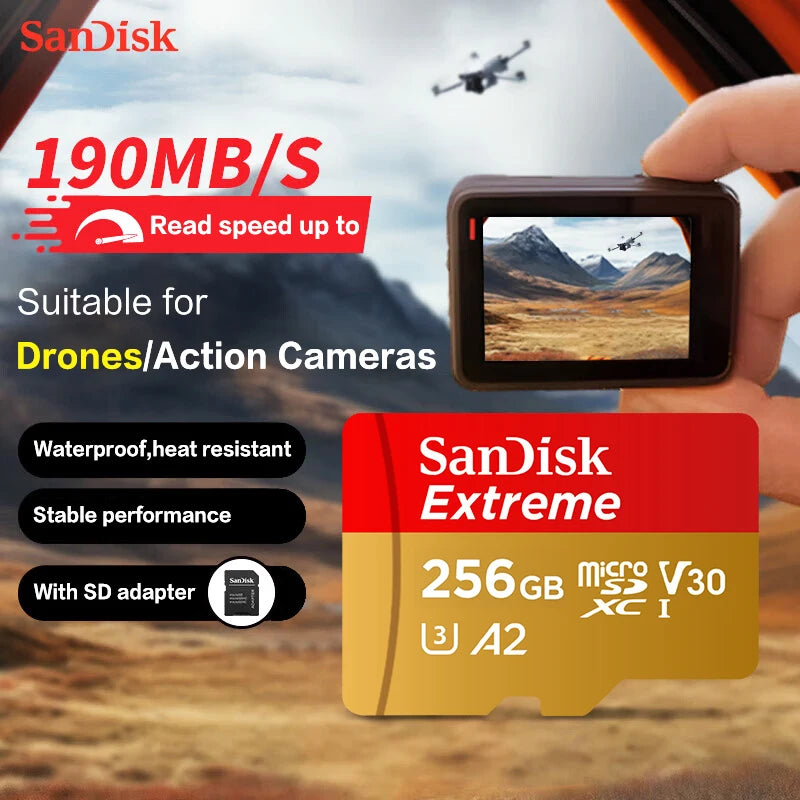 SanDisk Extreme microSDXC UHS-I CARD V30 A2 Memory Card 32GB 64GB 128GB 256GB 512GB 1TB Micro SD Card Max 190Mb/s Flash TF Card