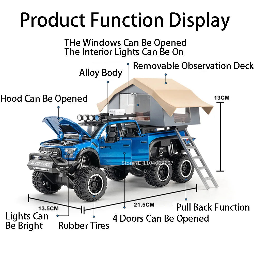 1:24 Raptor F150 Toy Car Models Alloy Diecast Camping RV Pull Back Sound Light 5 Doors Opened Ornament Vehicle Presents for Kids