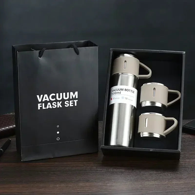 Thermos isolé avec trois veds, conservation chaude et froide de 24 heures, emballage cadeau en acier inoxydable