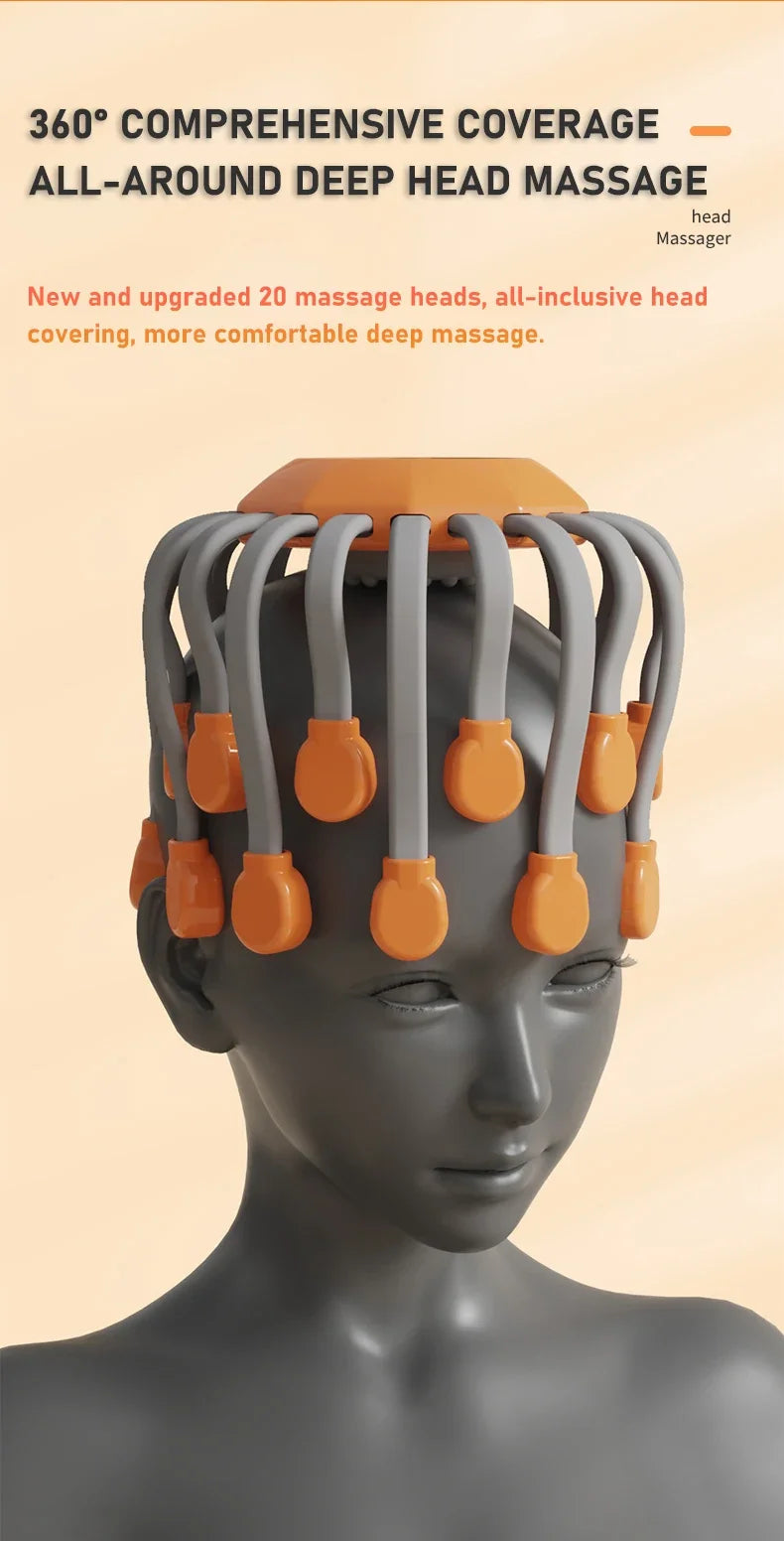 20Massage Heads Orange Scalp Head Massager Red Light Vibrator Octopus Scratcher For Relaxation Stress Migraine