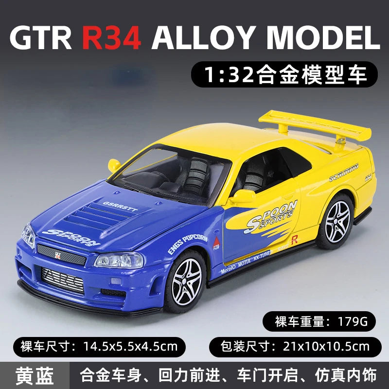 1:32 Nissan GTR R34 Fast & Furious Alloy Car Model Diecasts Toy With Sound and Light Vehicles Decoration Toys For Kids Gift A903