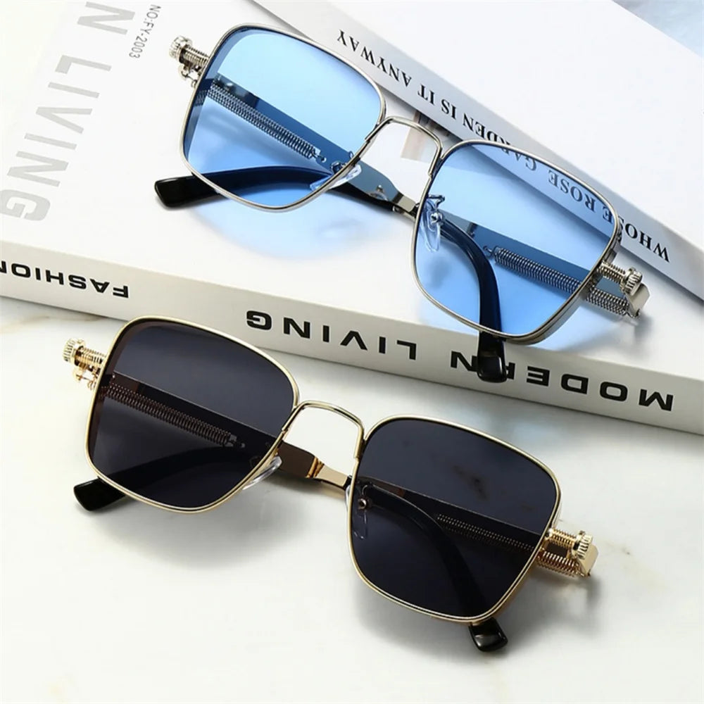 New Vintage Steampunk Square Metal Frame Sunglasses with Spring Hinges Retro Fashion Men Women Classic Driving Sun Glasses UV400