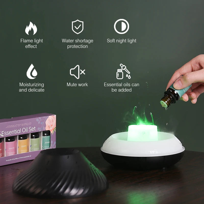 Volcanic Aromatherapy Humidifier 130ml USB Portable Essential Oils Diffuser with Color Flame Night Light for Home Bedroom Office