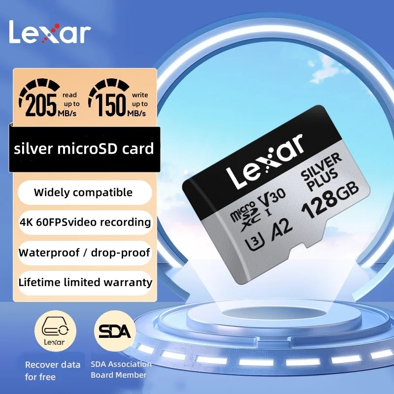 Original Lexar TF Card A2 U3 MicroSDXC 64GB 128GB 256GB Flash Memory Card Silver Plus 205MB/S Micro SD Card for Phone Tablet