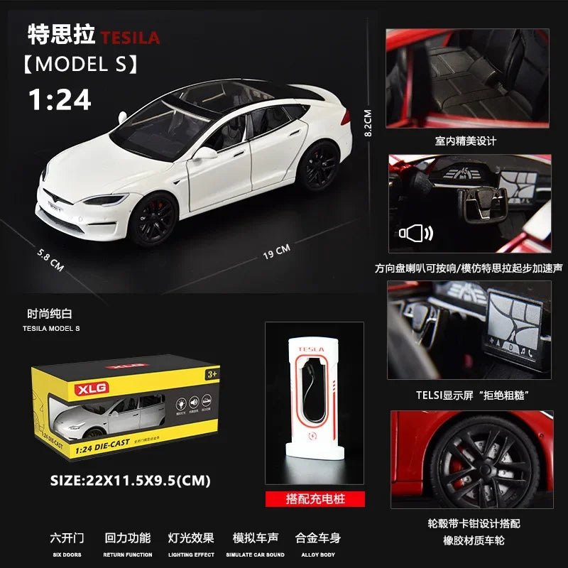 1:24 Tesla Model S Miniatures Simulation Alloy Metal Diecast Model Car Sound & Light car Toys for Kids Gifts for Boyfriend C270