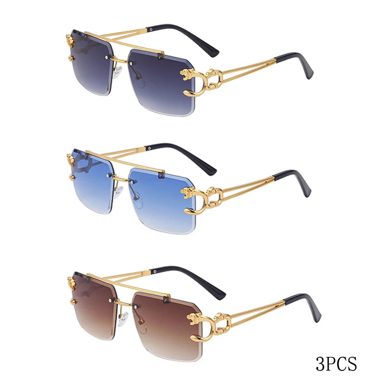 Fashion Leopard Rimless Sunglasses Double Bridges Gradient Ocean Film Shades UV400