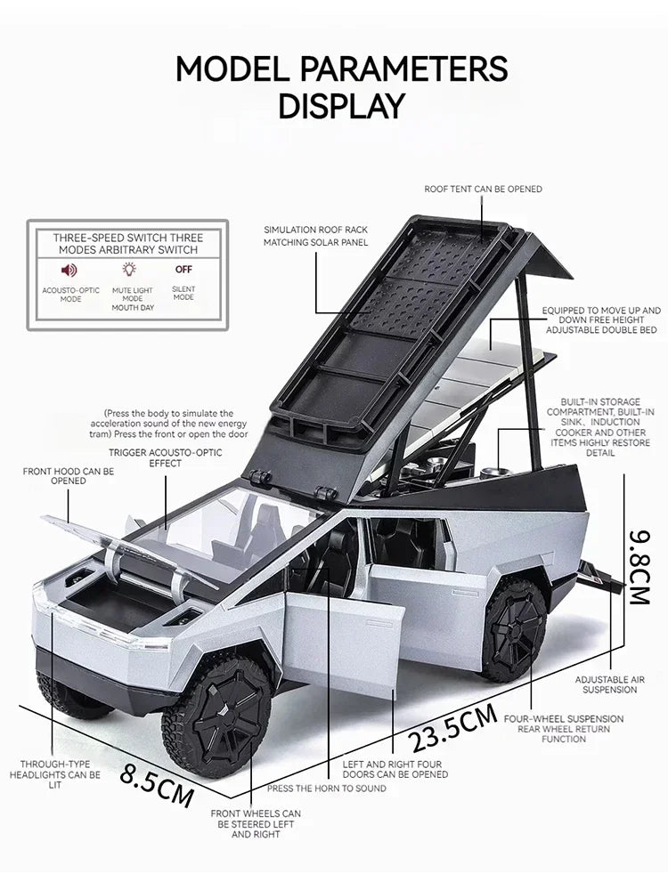 1:24 Tesla Cybertruck Camping RV Alloy Diecast Car Model Sound & Light Adult Display Collectibles Birthday Gifts Holiday Present