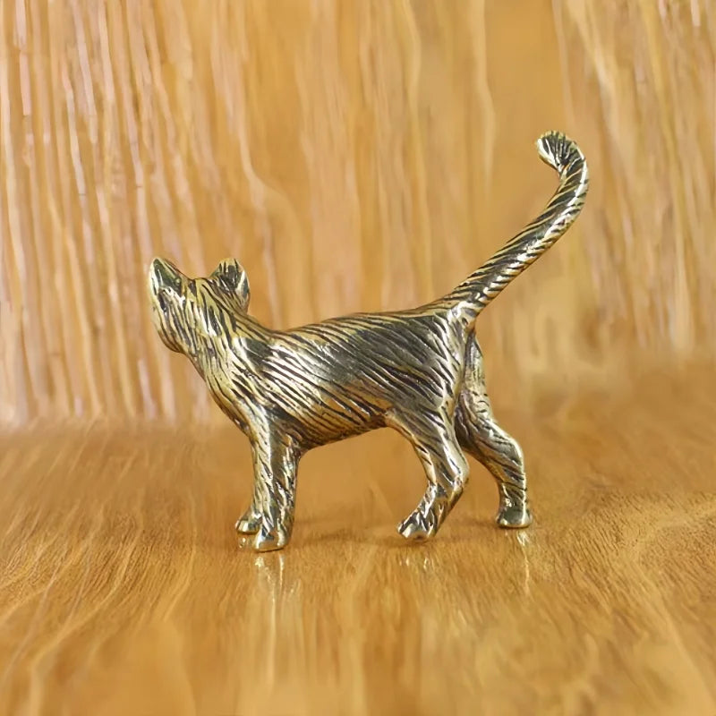 Creative Retro Brass Little Pet Cat Statue Interesting Mini Long-Tailed Cat Tabletop Ornament Miniature Home Decor Crafts Gift