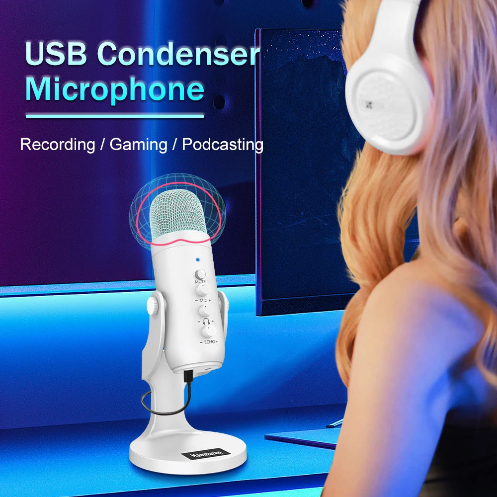 Haomuren Professional White USB Condenser Microphone Studio Recording Mic for PC Computer Phone Gaming Streaming Podcast Youtube