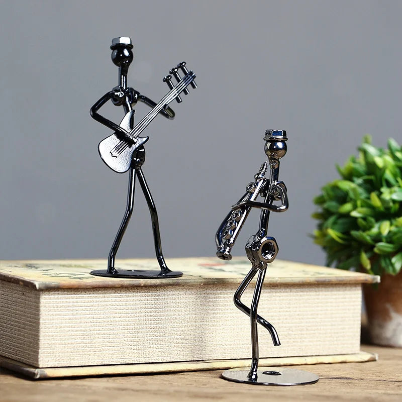 Metal Musician Guitar Player Statue Musical Instrument Little Iron Art Collectible Figurine Home Cafe Office Book Shelf Decorate