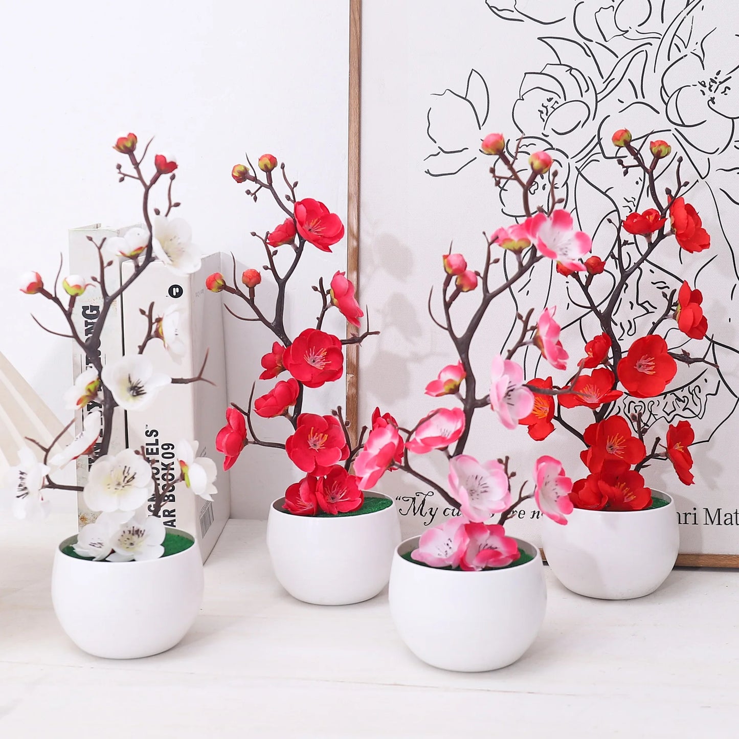 Plum Blossom Artificial Flowers Potted Vase Plants For Room Home Wedding Garden New Year Blossom Decoration Bonsai Accessories