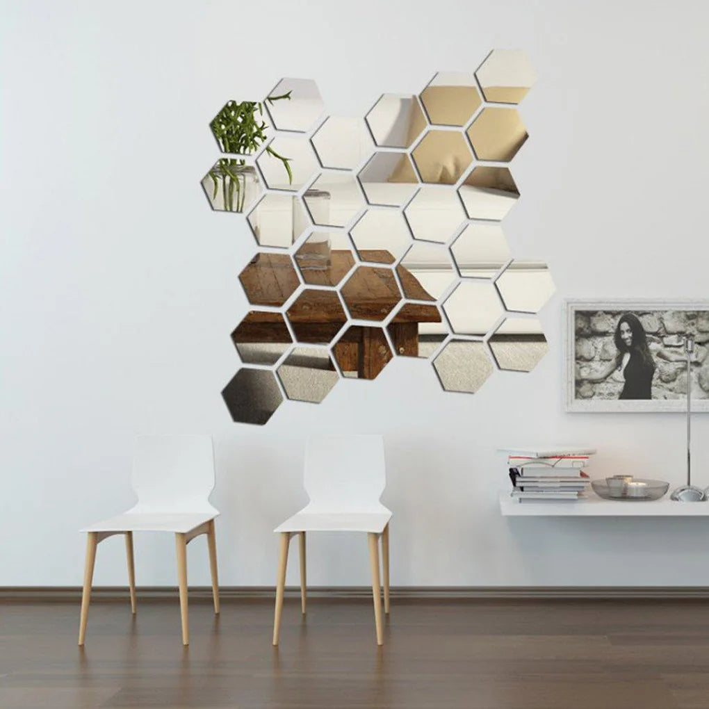 12 Pieces Hexagon Mirror Stickers 3D Acrylic Smooth Surface Reflective Effect Wall Decal Home Use Living Room Decoration