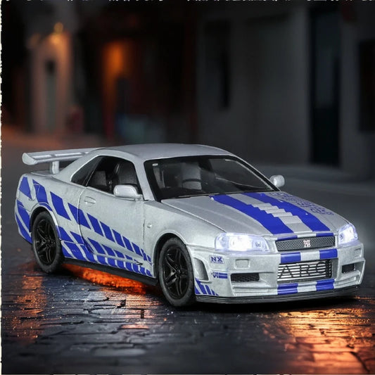 1/32 Nissan GTR34 Skyline GTR Toy Car Model Diecast Racing Miniature Model Sound & Light Pull Back Collection Gift Children Boy