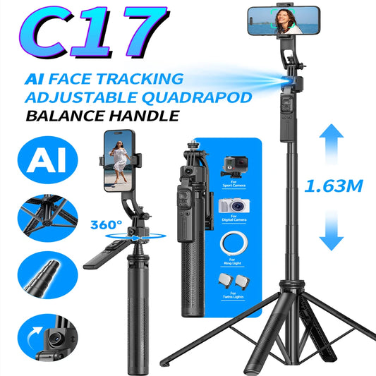 C17 Selfie Tripod for Cell Phone 360°Auto-Rotation AI Tracking Shooting Quadrapod with Remote Control