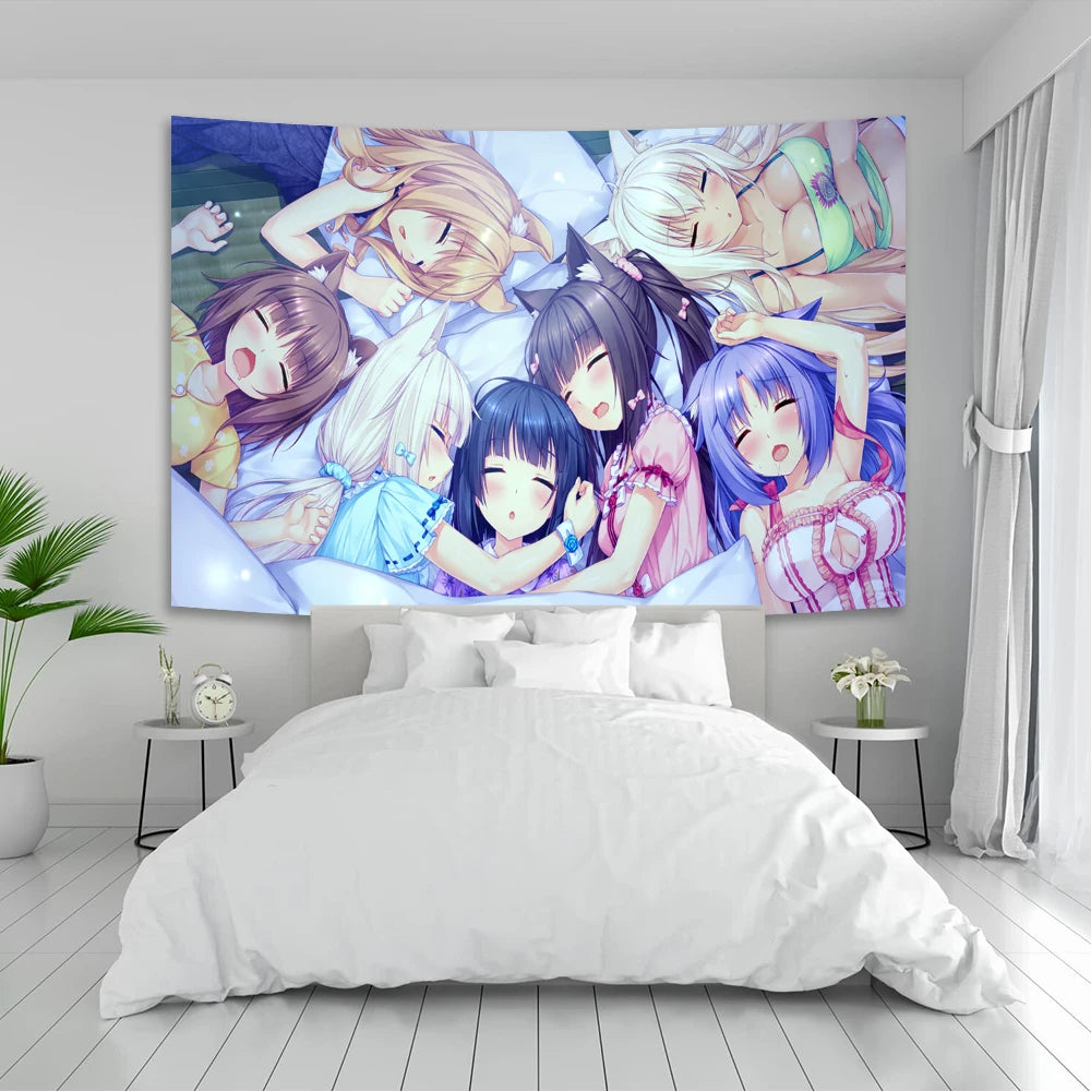 Anime Nekoparas Wall Tapestry Kawaii Background Cloth Wall Decoration Psychedelic Girls' Dormitory Pink Room Banner