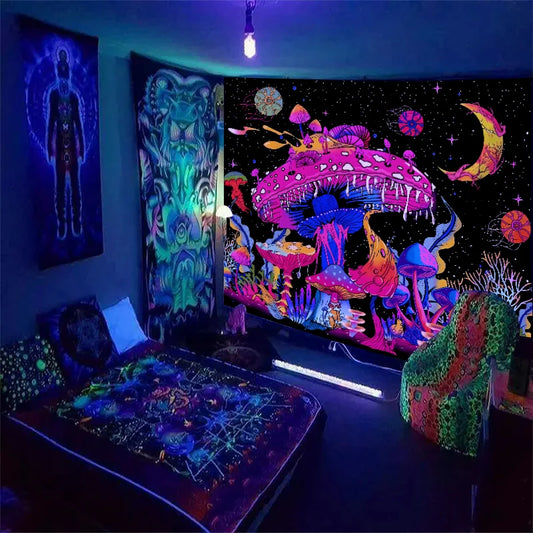 1pcFluorescent colored mushroom tapestry, ultraviolet black light natural plant forest moon flower mysterious night sky tapestry