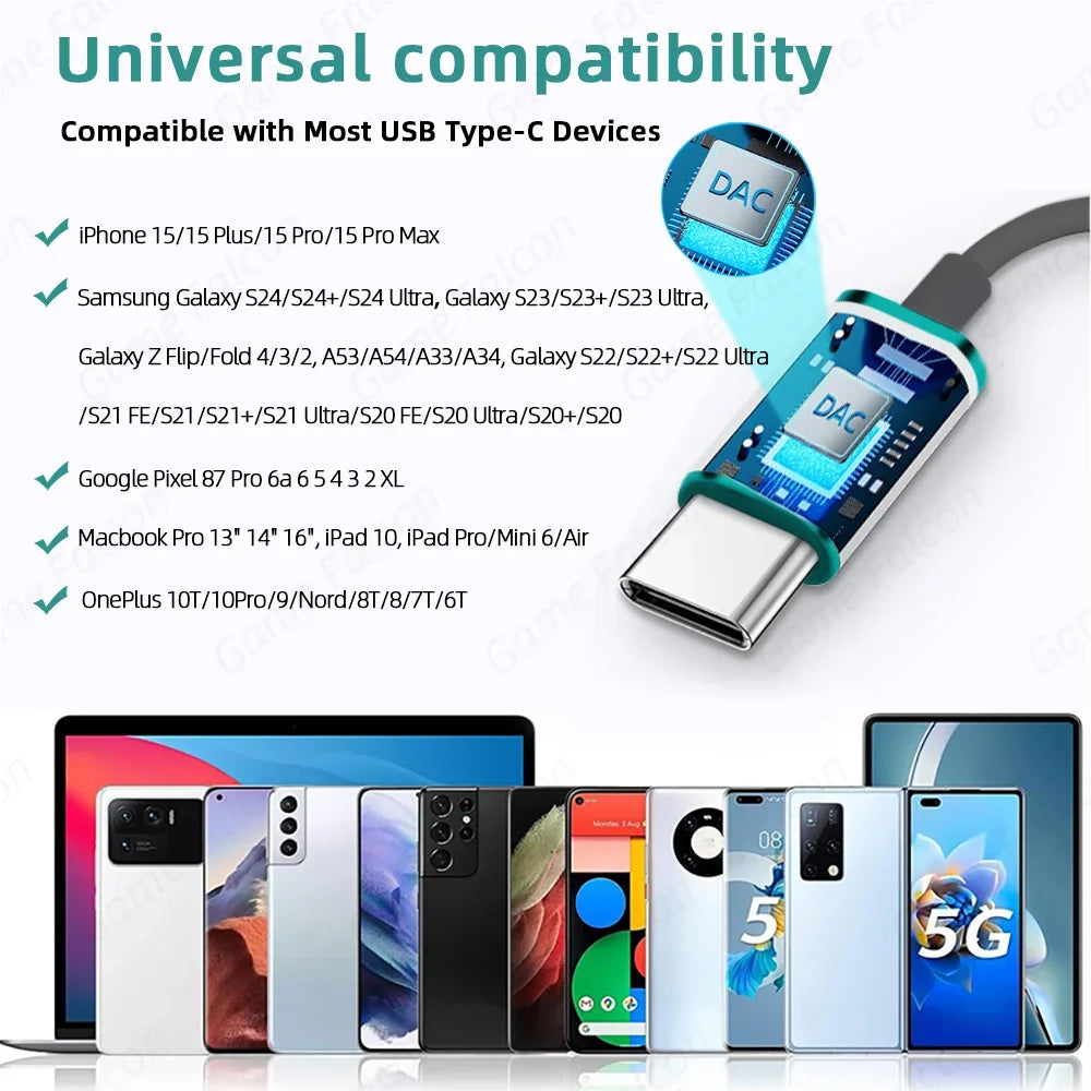 USB Type C Headphone HiFi Bass Stereo Volume Control Mic 3.5mm Wired Earbuds For Galaxy S24 S23 S22 S21 Ultra iPhone 15 Pro Max