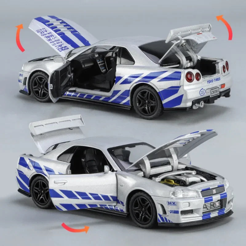 1/32 Nissan GTR34 Skyline GTR Toy Car Model Diecast Racing Miniature Model Sound & Light Pull Back Collection Gift Children Boy