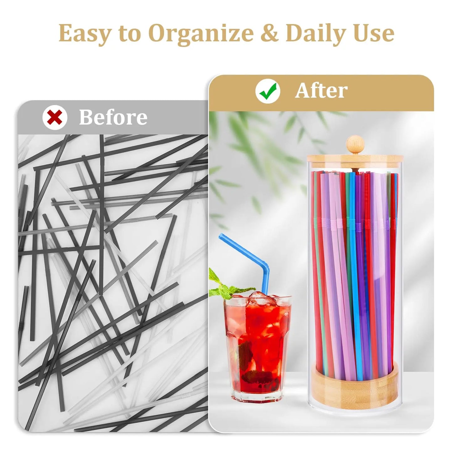 Bamboo Drinking Straw Holder Straw Dispenser with Disposable Plastic Straws Acrylic Portable Straw Storage Box Kitchen Organizer