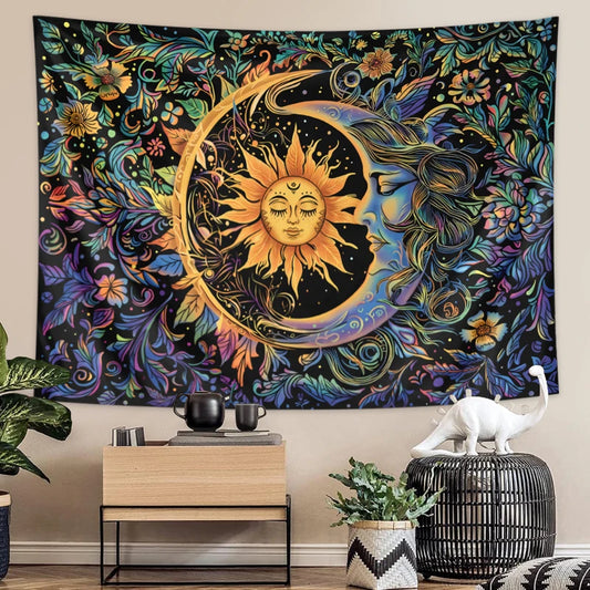 1PC Sun and Moon tapestry, mysterious floral tapestry, hippie style floral plant wall retro aesthetic tapestry