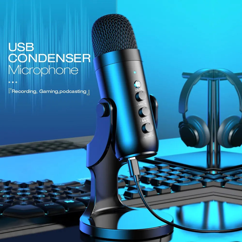 Haomuren USB Microphone for PC Mac Gaming Recording Stream Podcast, Computer Condenser Mic with Phone Adapter Headphone Output