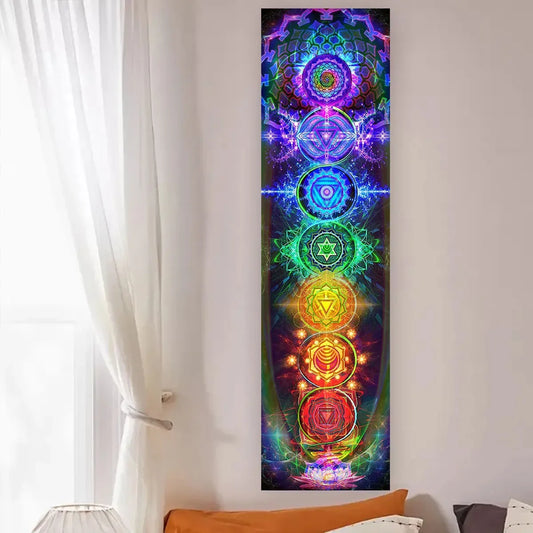 Colorful Chakra Wall Tapestry Yoga Meditation Wall Hanging for Bedroom Home Decor Black Wall Art Decor with Spiritual Energy