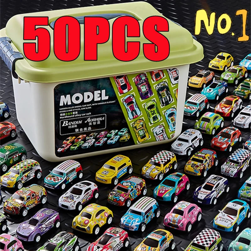 New 50-10PCS Mini Alloy Car Model Set with Storage Box Diecast Cars Toys for Boys Sliding Inertia Vehicle Children Toy Kit Gifts