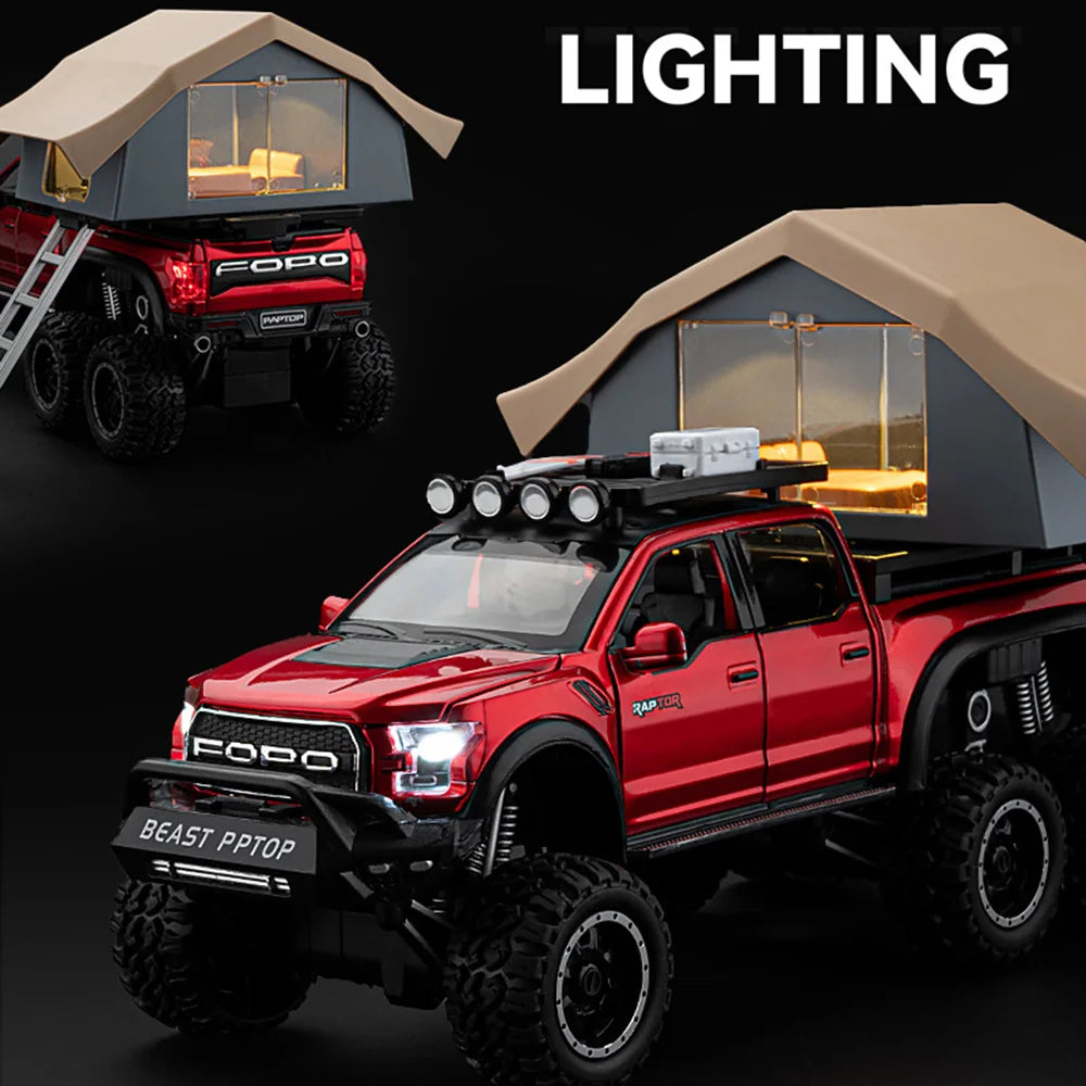 1/24 Scale Raptor F150 Alloy Cars Models Toys 6 Doors Opened Camping RV Diecast Model Light Sound Vehicle for Boys Birthday Gift