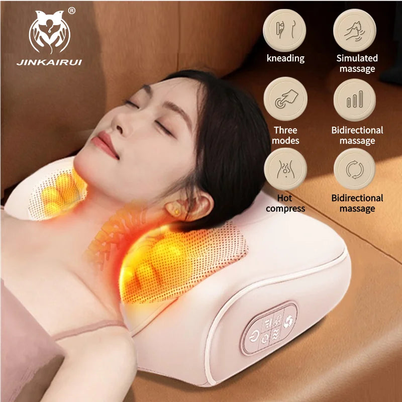 Jinkairui Neck Massage Pillow Cervical Massager Waist Back Shoulder Shiatsu Kneaded Multifunctional Hot Compress Relaxation Gift