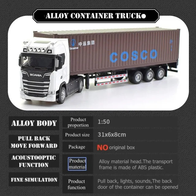 1:50 Simulation Alloy Diecast Large Truck Head Model Container Toy Pull Back Sound Light Engineering Transport Vehicle For Kids