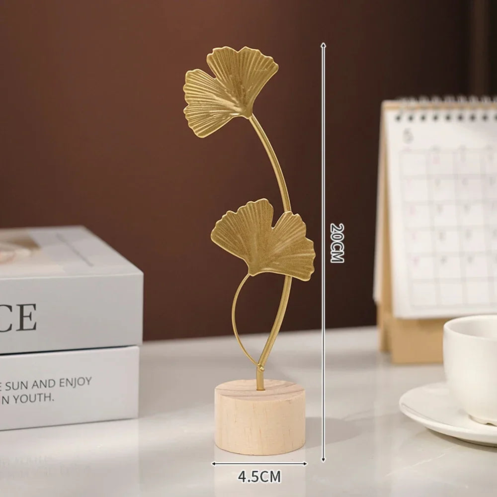 New Golden Ginkgo Leaf Feather Metal Model Figurines Manual Desktop Crafts Ornaments Photo Props Statues Sculptures Home Decor