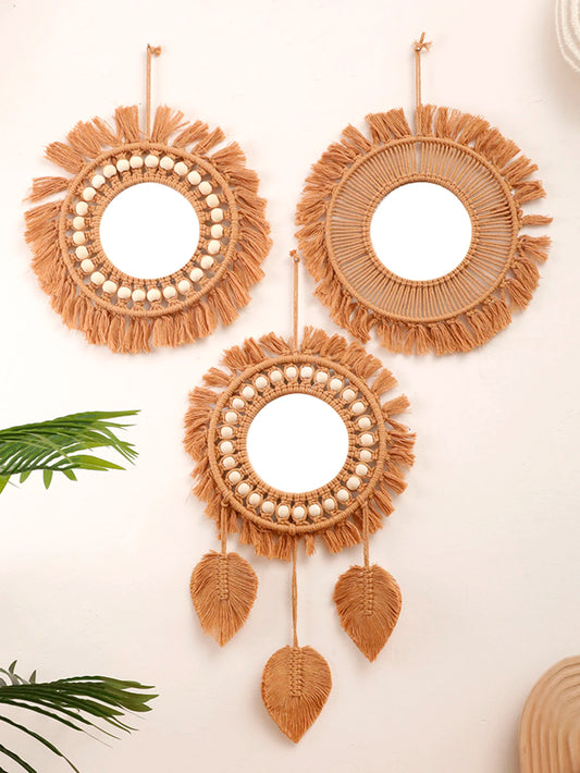 Round Wall Mirrors Room Decor Hand Woven Decorative Mirror Wall Hanging Mirror for Apartment Living Room Bedroom Home Decoration