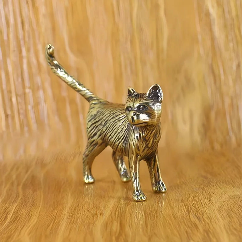 Creative Retro Brass Little Pet Cat Statue Interesting Mini Long-Tailed Cat Tabletop Ornament Miniature Home Decor Crafts Gift