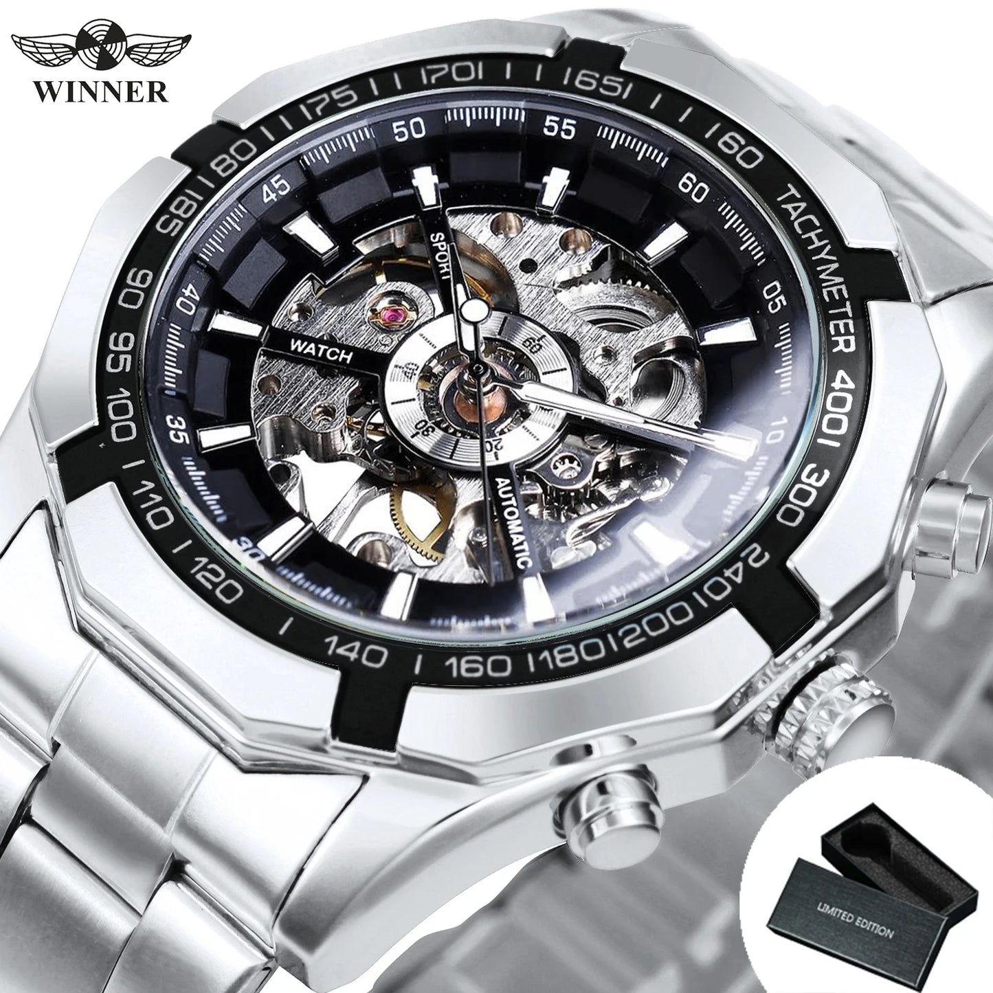 WINNER Classic Skeleton Watch for Men Luminous Hands Mechanical Watches Stainless Steel Strap Luxury Brand Forsining Wristwatch