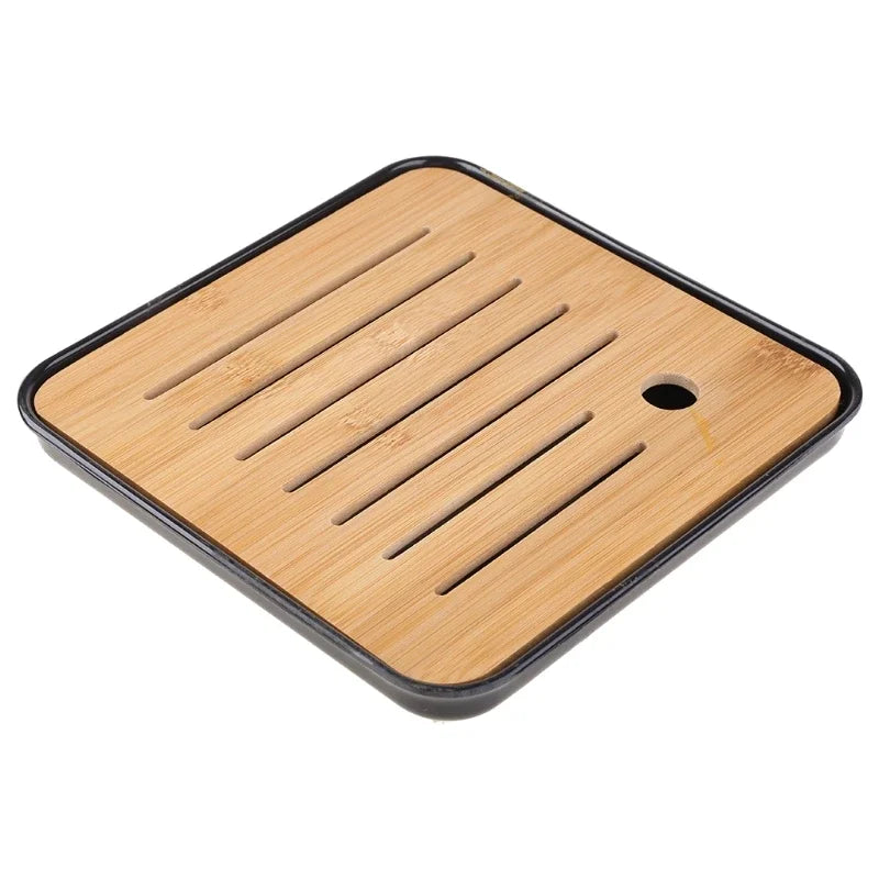 Bamboo Chinese Gongfu Tea Tray Box with Water Storage Drainage  Serving Wood Marble  Holder Table